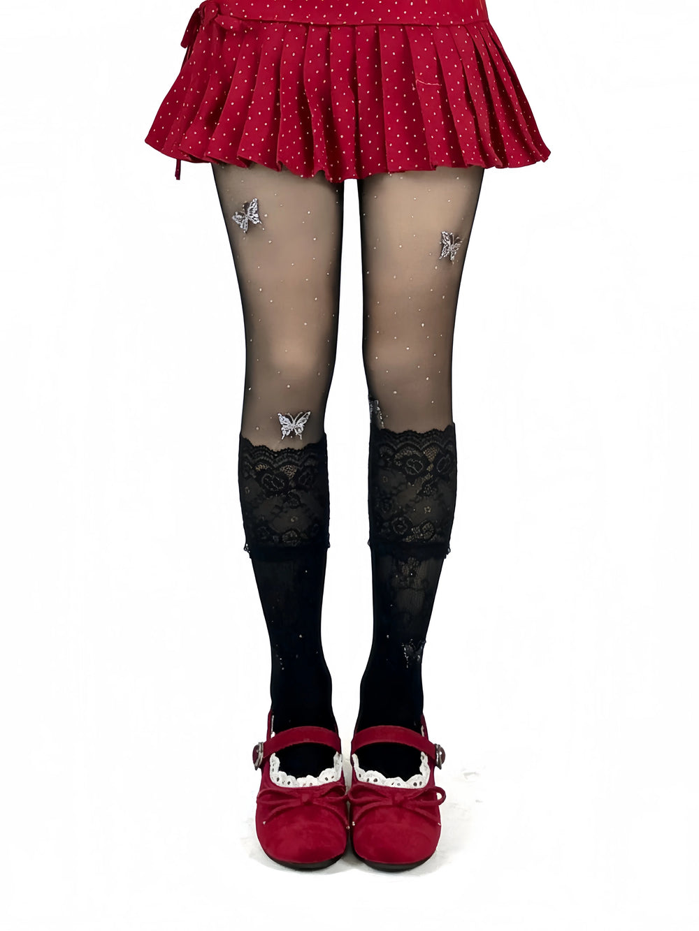 Lace-trimmed sheer legwear shown on legs against a white background