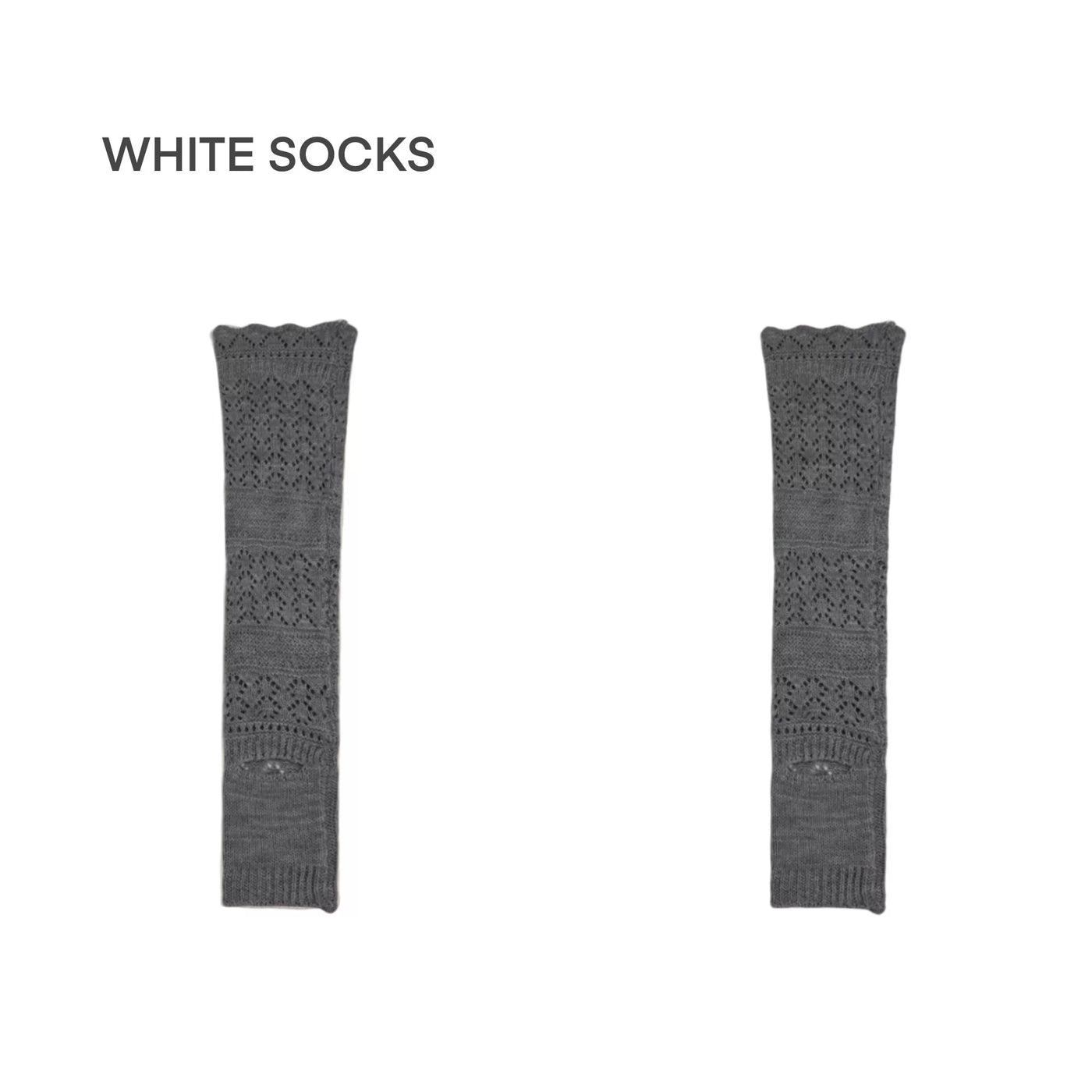 Grey openwork knit leg warmers with lace-edged cuffs styled with silver pointed shoes.