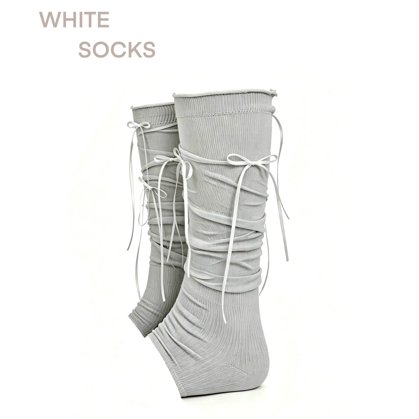 Footless gray scrunch leg warmers with ribbon bows shown as a pair