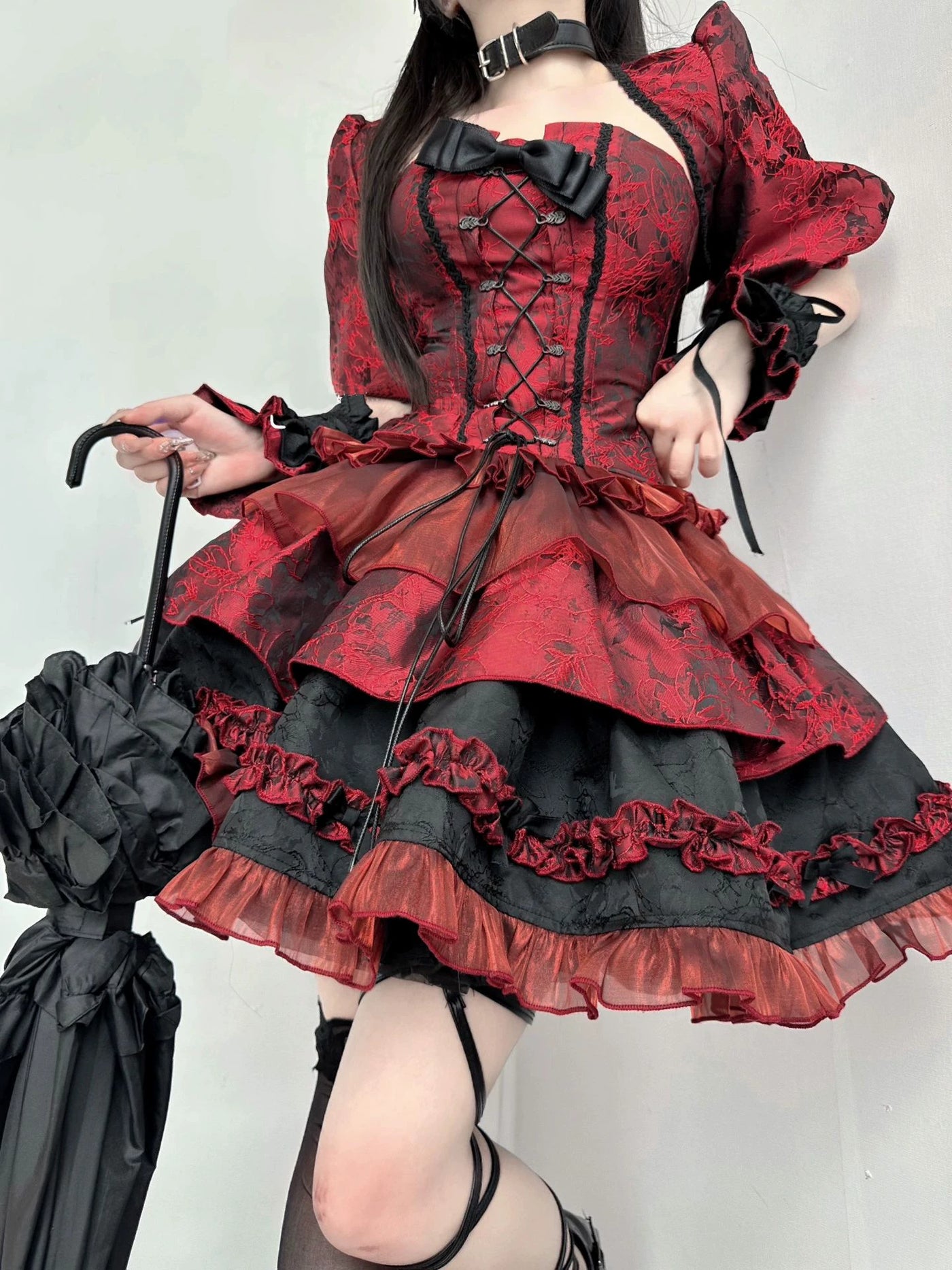 Creamy - Crimson Corset - Red Three-Piece Skirt Set with Fishbone Corset