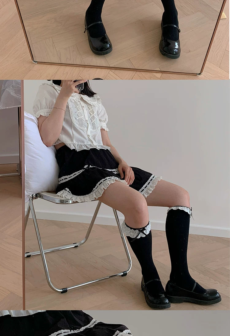 roji roji - Victorian Lace Bow - Black and White Mid-Calf Socks with Lace Trim