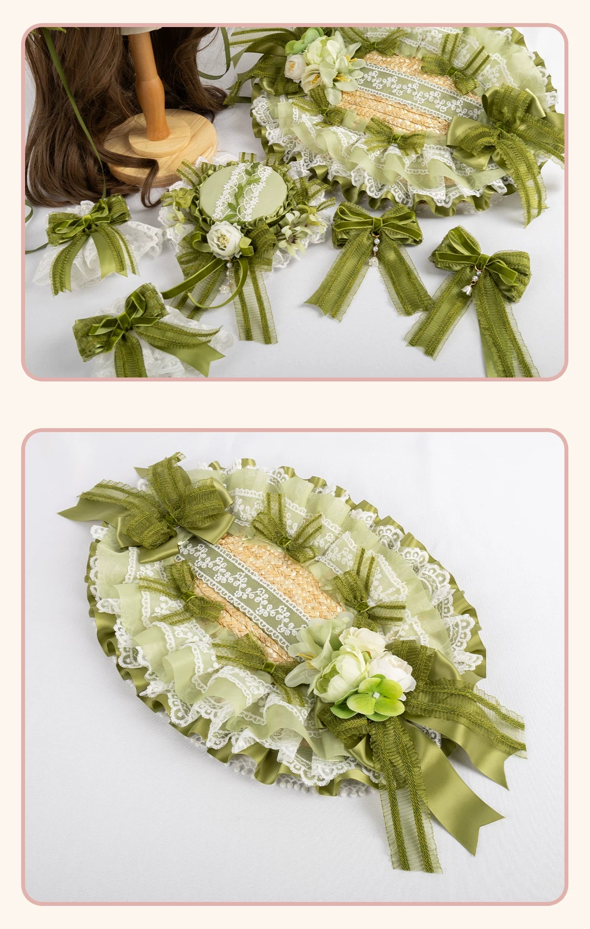 Stardust Rose - Lily of the Valley Woodland - Green Lace Lolita Headwear with Floral Ribbons