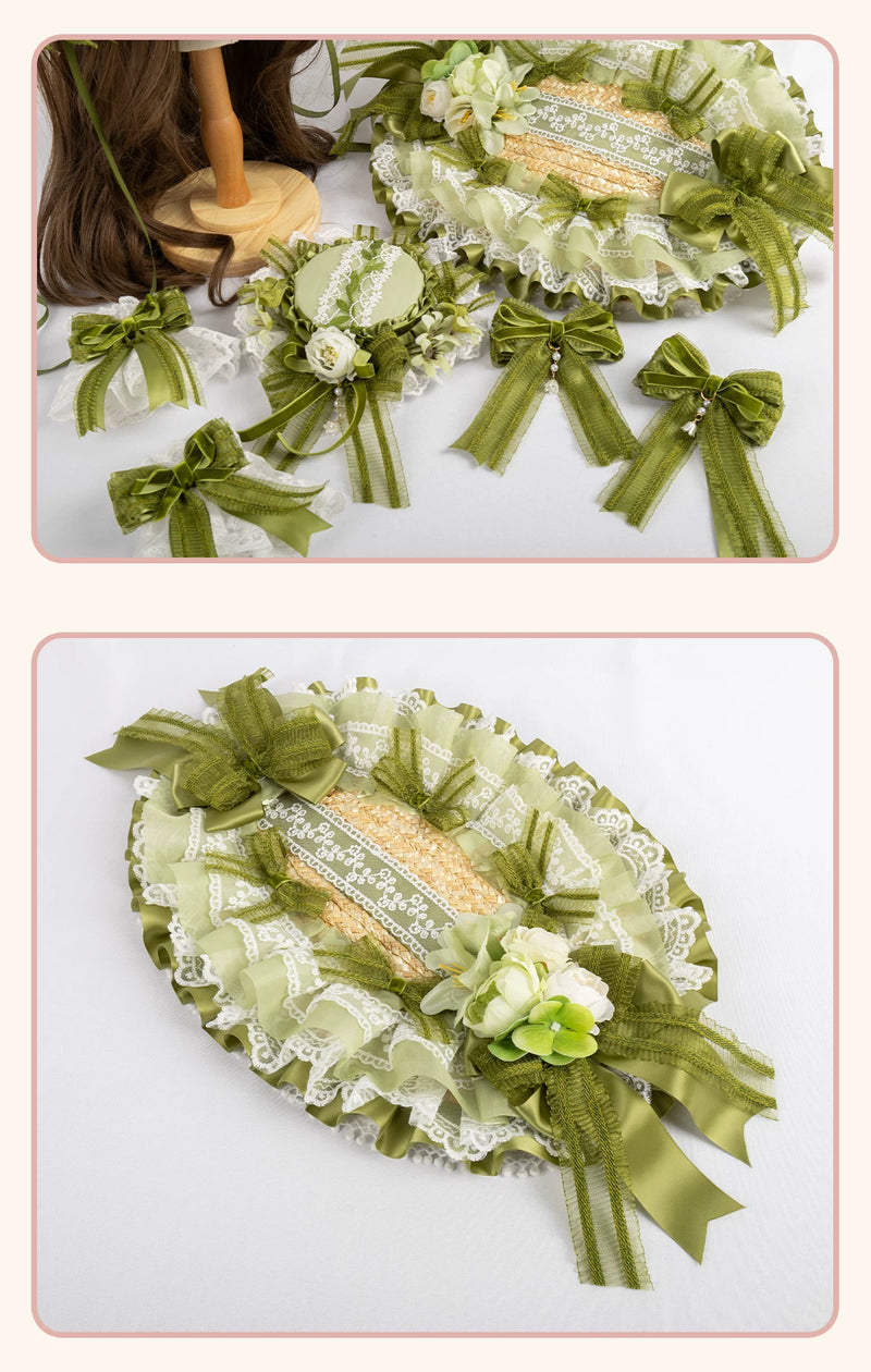 Stardust Rose - Lily of the Valley Woodland - Green Lace Lolita Headwear with Floral Ribbons
