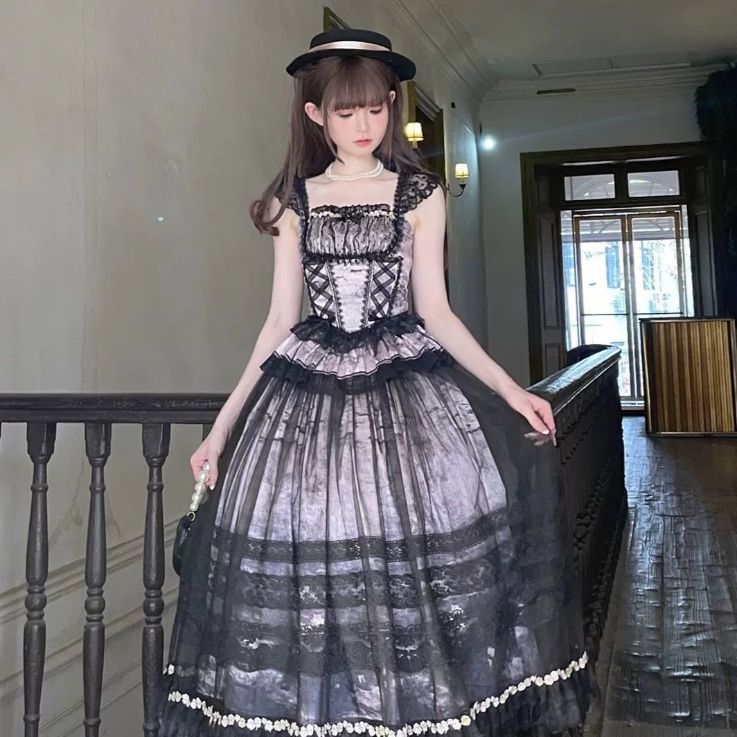 Lady Han Misty Vineyard Classic JSK Dress by Lolita Fetch featuring a floral vineyard print and elegant fit on a model.