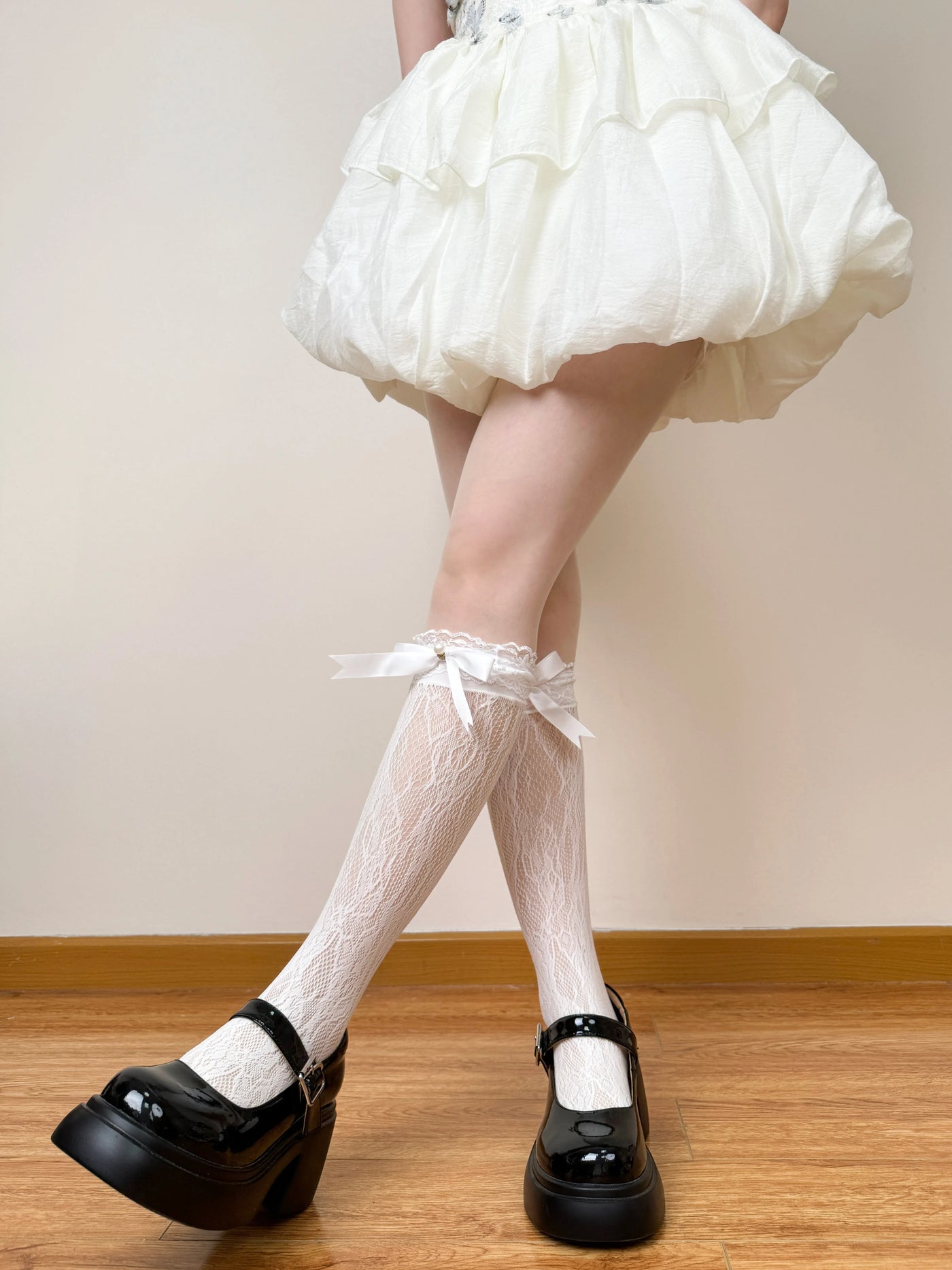 Chubby Bear Tales - Jennifer - Mid-Calf Socks with Openwork Lace and Ribbon Bows