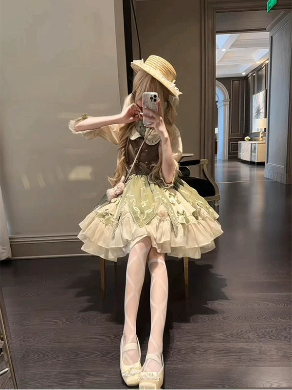 Creamy - Green Pastoral - Three-Piece Set with a Decorative Green Skirt Panel