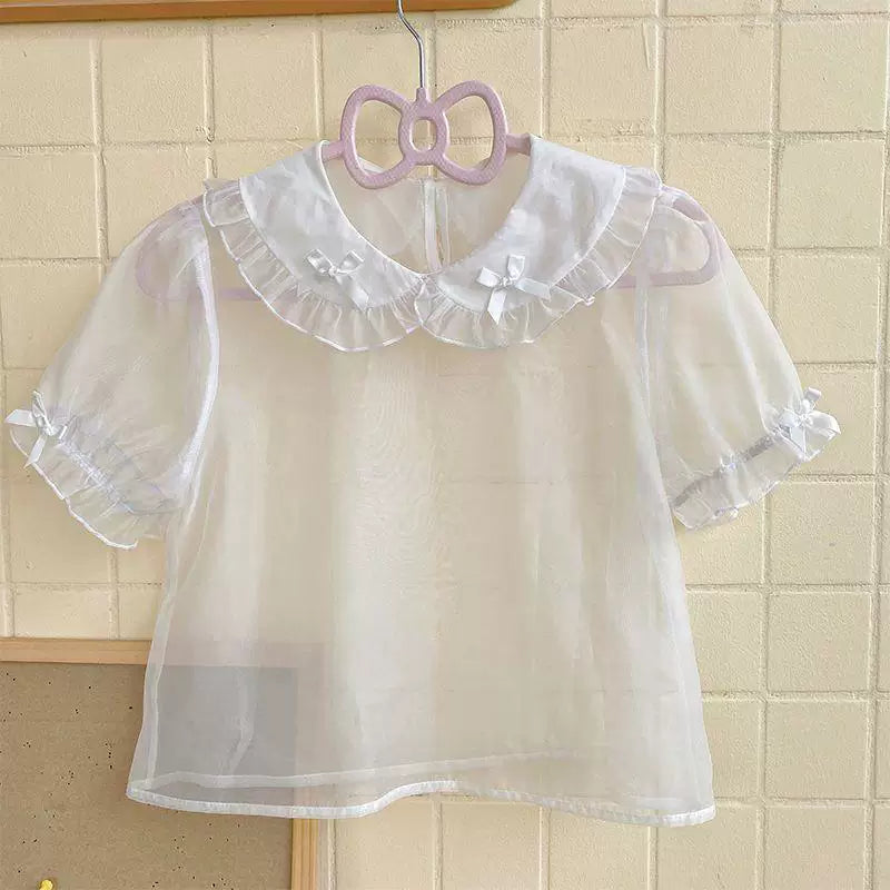 Sweetheart Dream Machine sheer short-sleeve blouse with ruffled Peter Pan collar