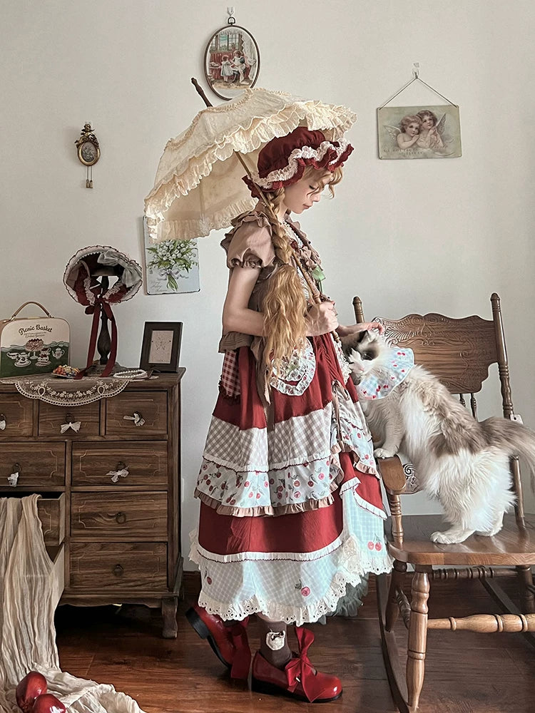 Baozi Pig - Cherry Pastoral - Red OP Dress with Cherry Print