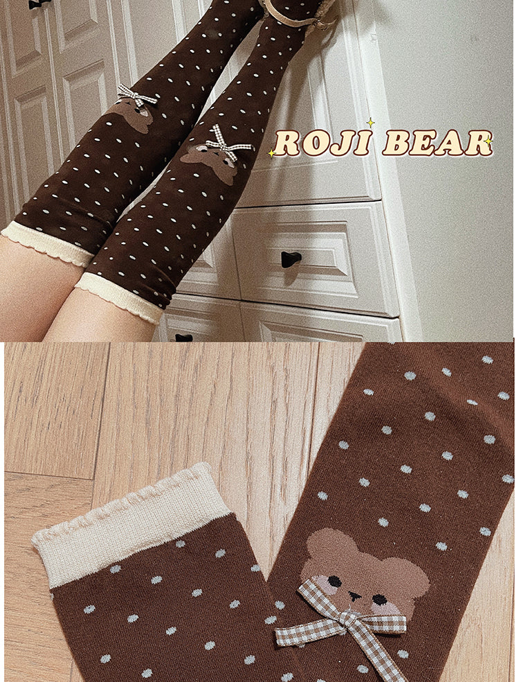 Roji Roji - Bear Dots Bow Cotton Lolita Thigh - Stockings Socks