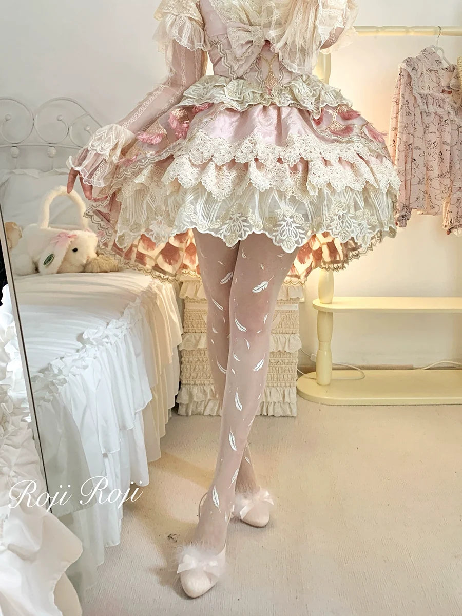 Roji Roji - Sweet Lolita Tights Women Feather - Print Pantyhose Socks