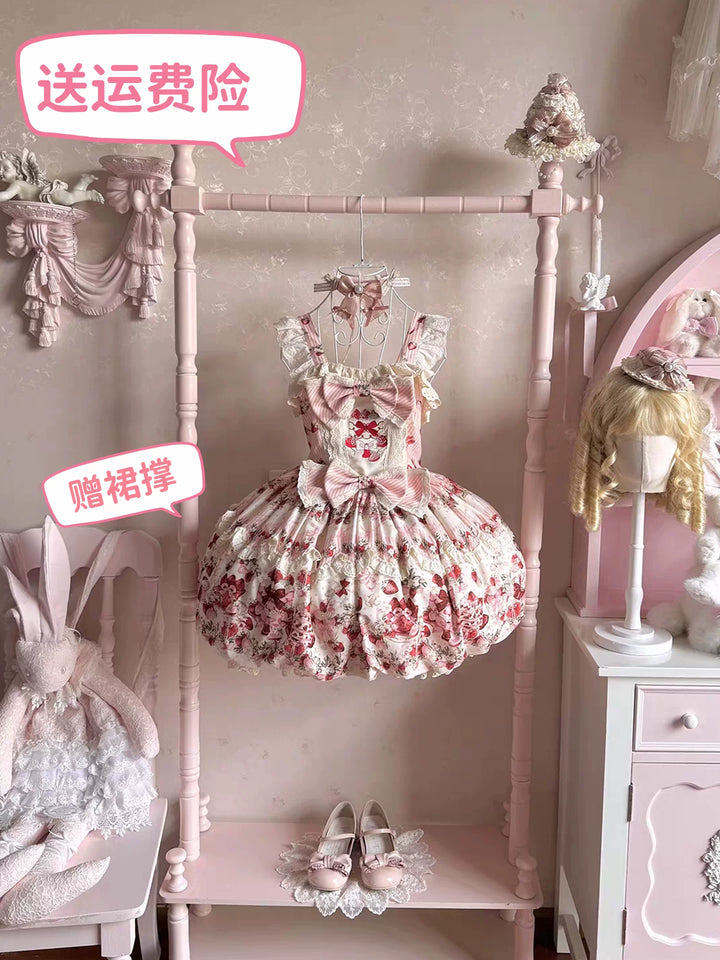 Cream Sweet Lolita JSK with strawberry print and tiered ruffles