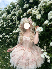 Butterfly Garden – Plus Size Ballet Lolita JSK Dress - (Pink complete set) Hair ribbon + skirt (neckwear included) / S