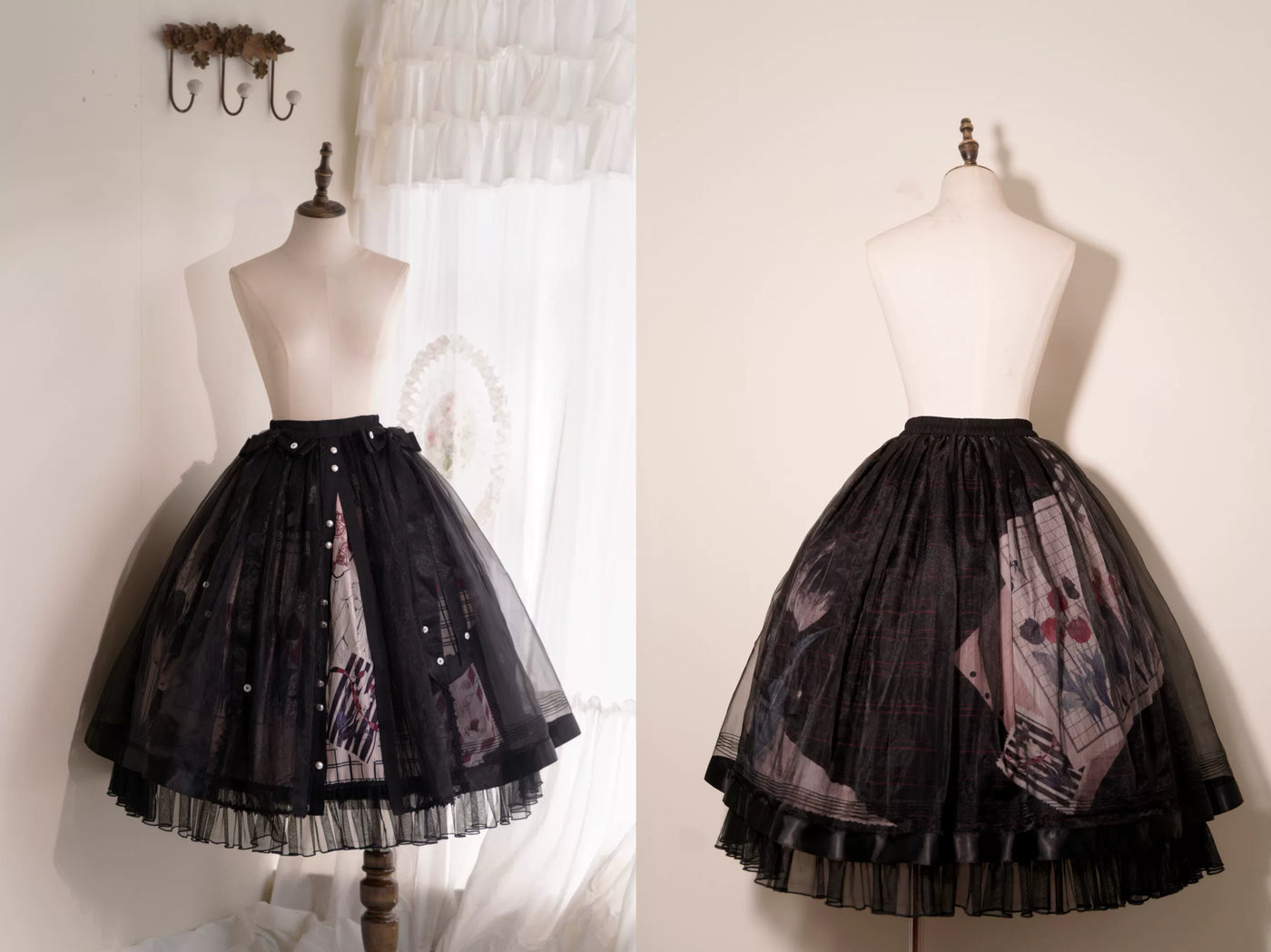 Model wearing black printed Lolita styling with a tulle-layered skirt