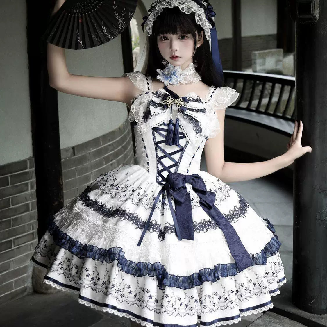Sweetheart Dream Machine - Blue-and-White Porcelain - Blue JSK with lace ruffles