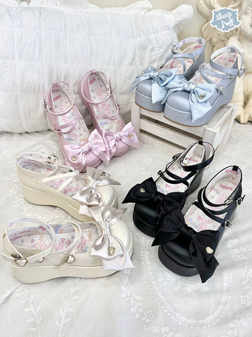 Sheep Puff Satin Doll Platform Lolita Shoes featuring satin material and platform design, styled with decorative bows and a sturdy sole.