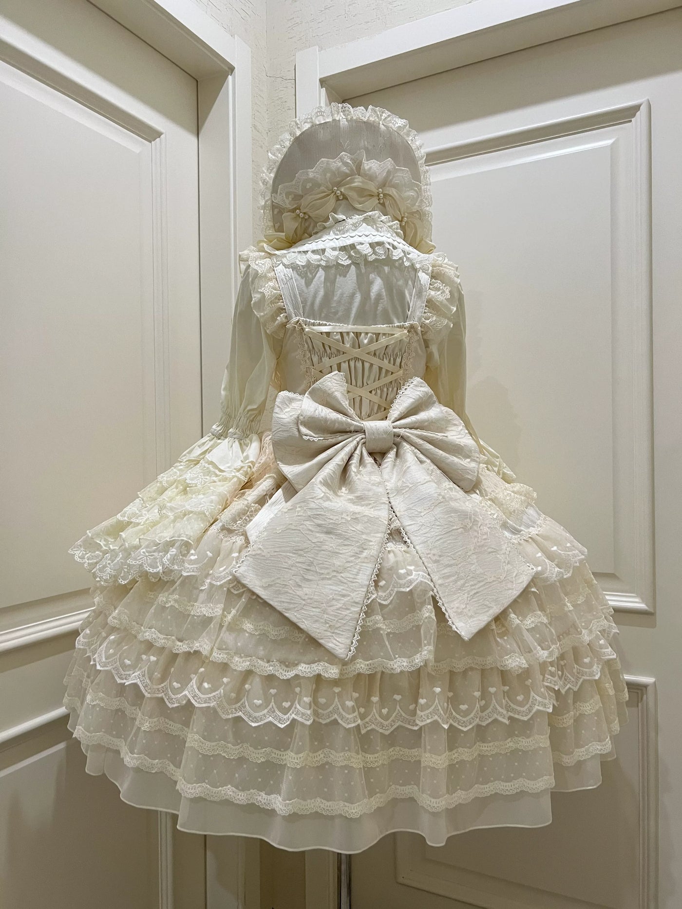 Dream Prelude - Dreamy Princess Lolita JSK Dress Suit, Tiered Lace Apricot JSK + Back Trailing Bow S