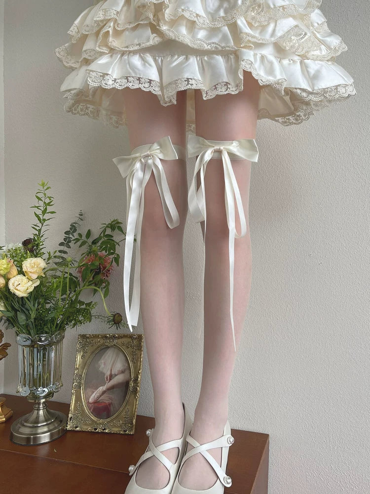 Sock Noble - Cream Swallowtail Ribbon - Over-the-knee socks with thigh bows