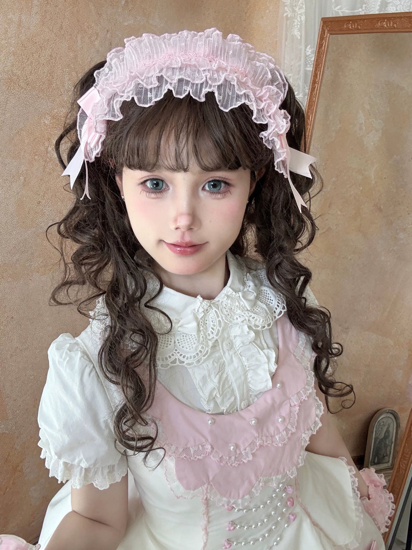 Tata Long Ear - Pearl Princess - White-and-Pink JSK Dress with Pearl Details and Scalloped Layers