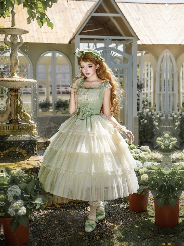 With PUJI - Lily of the Valley Whisper - Embroidered Classic Lolita Corset JSK Dress detail view 3