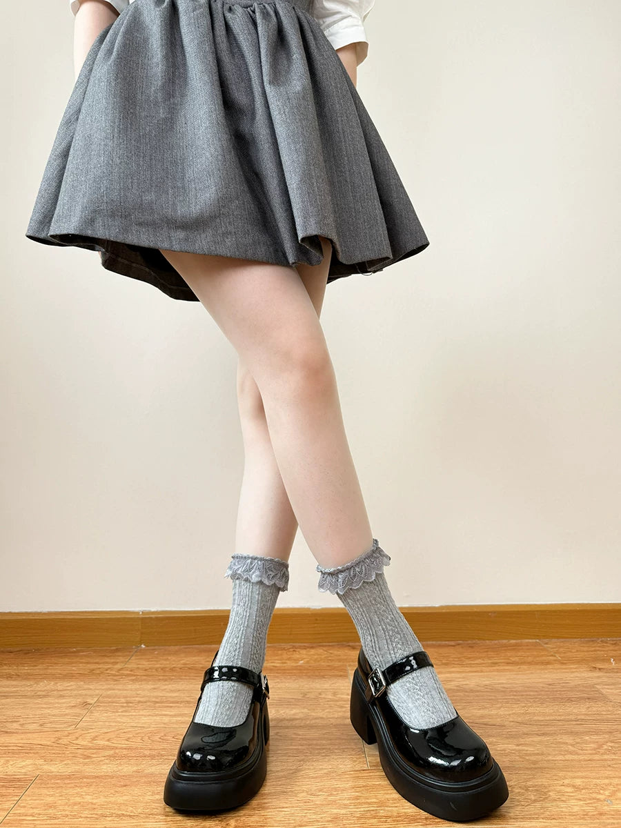 Chubby Bear Tales - JK Lace - Cable-Knit Mid-Calf Socks with Lace Trim