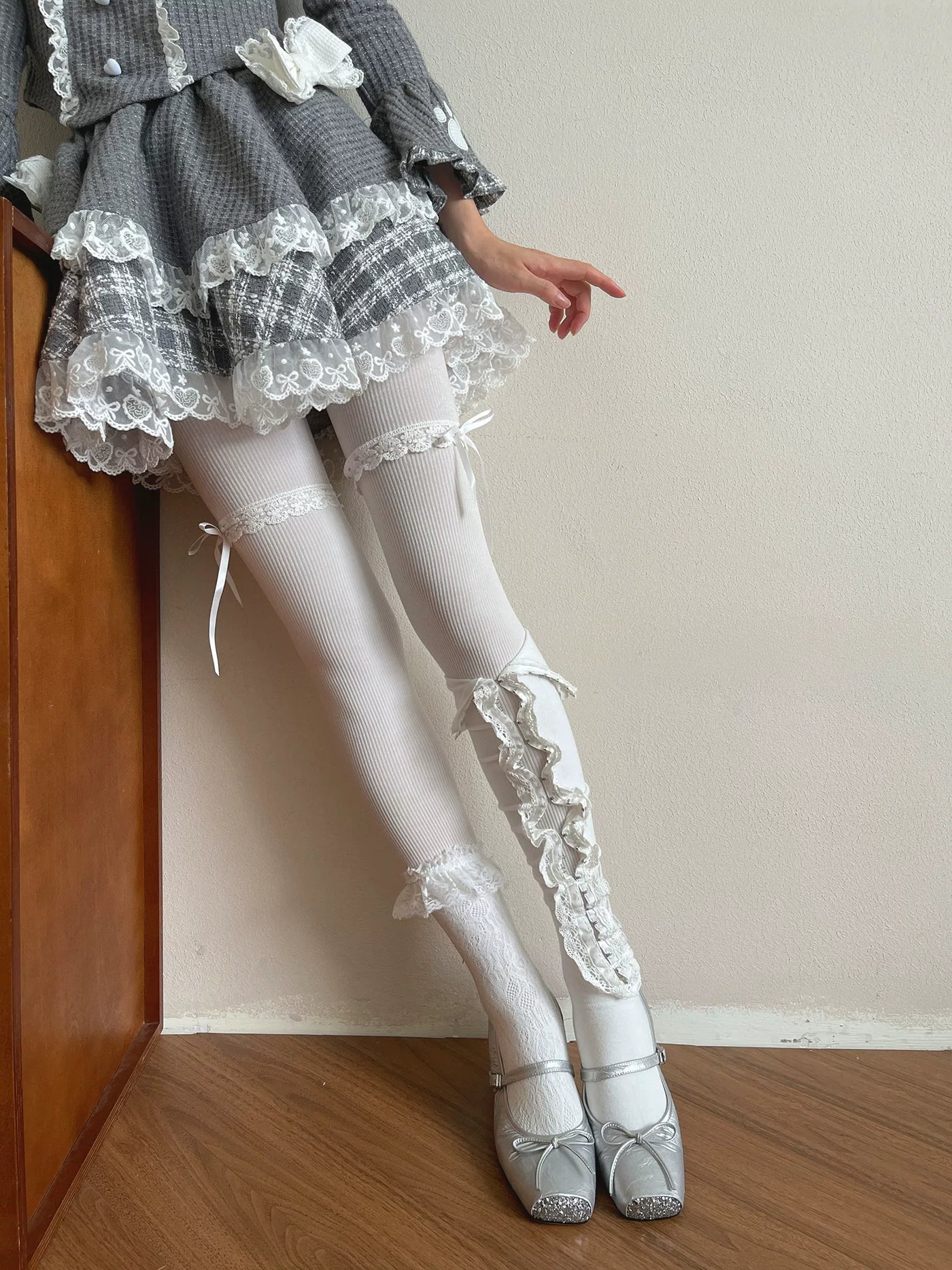 Sock Noble - White Lace Layering - Tights and Mid-Calf Socks with Vertical Stripes