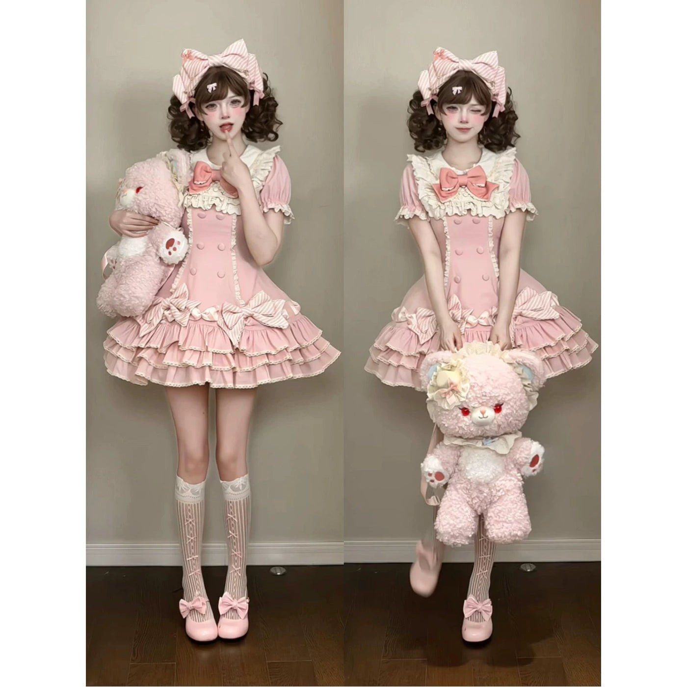 Creamy - Pink Layered Cake - Pink Striped Sweet Lolita Dress with Bow Headpiece