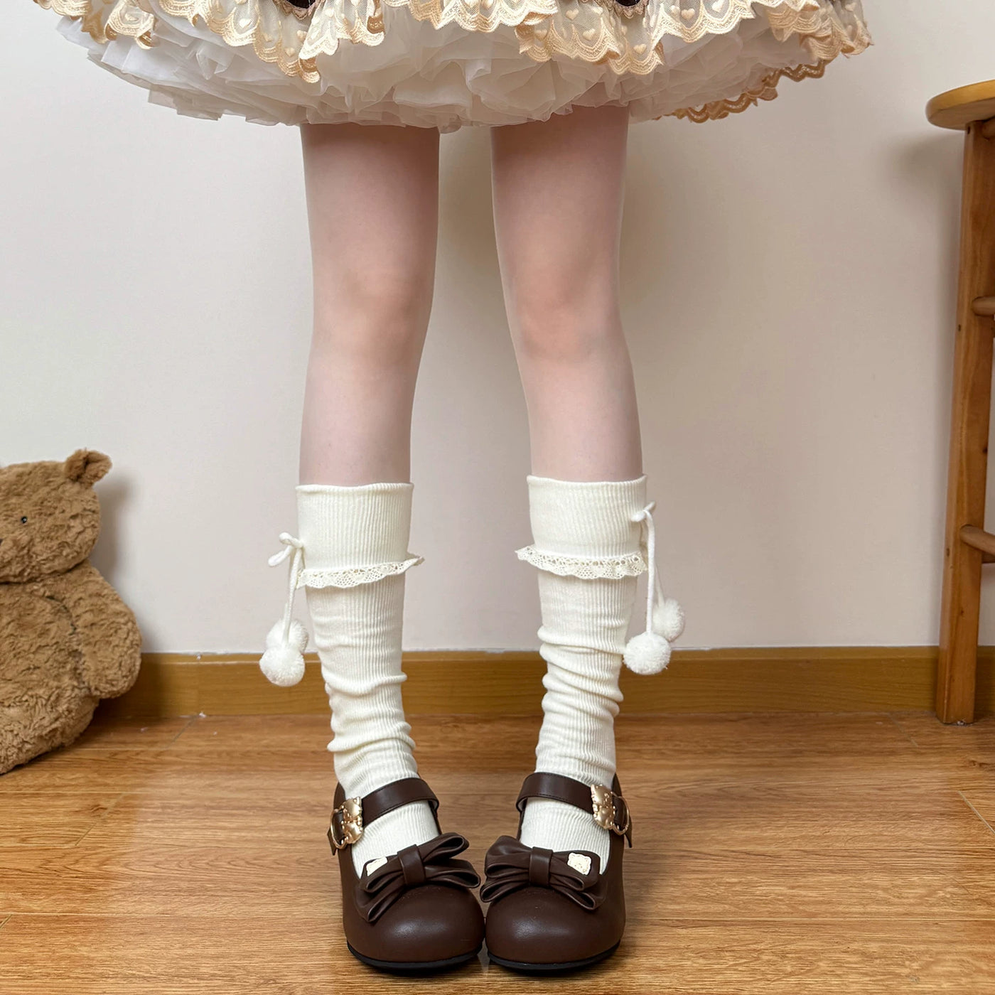 Chubby Bear Tales - Caramel Cocoa - Cuffed Calf Socks with Bow-Tied Pom-Poms