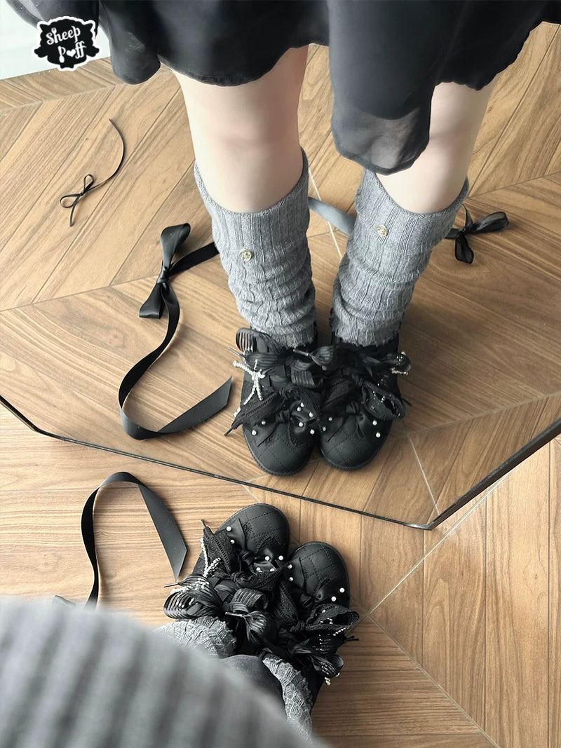 Sheep Puff Black and White Swan Lolita Sneakers featuring plush sheep puff accents and stylish sneaker design.