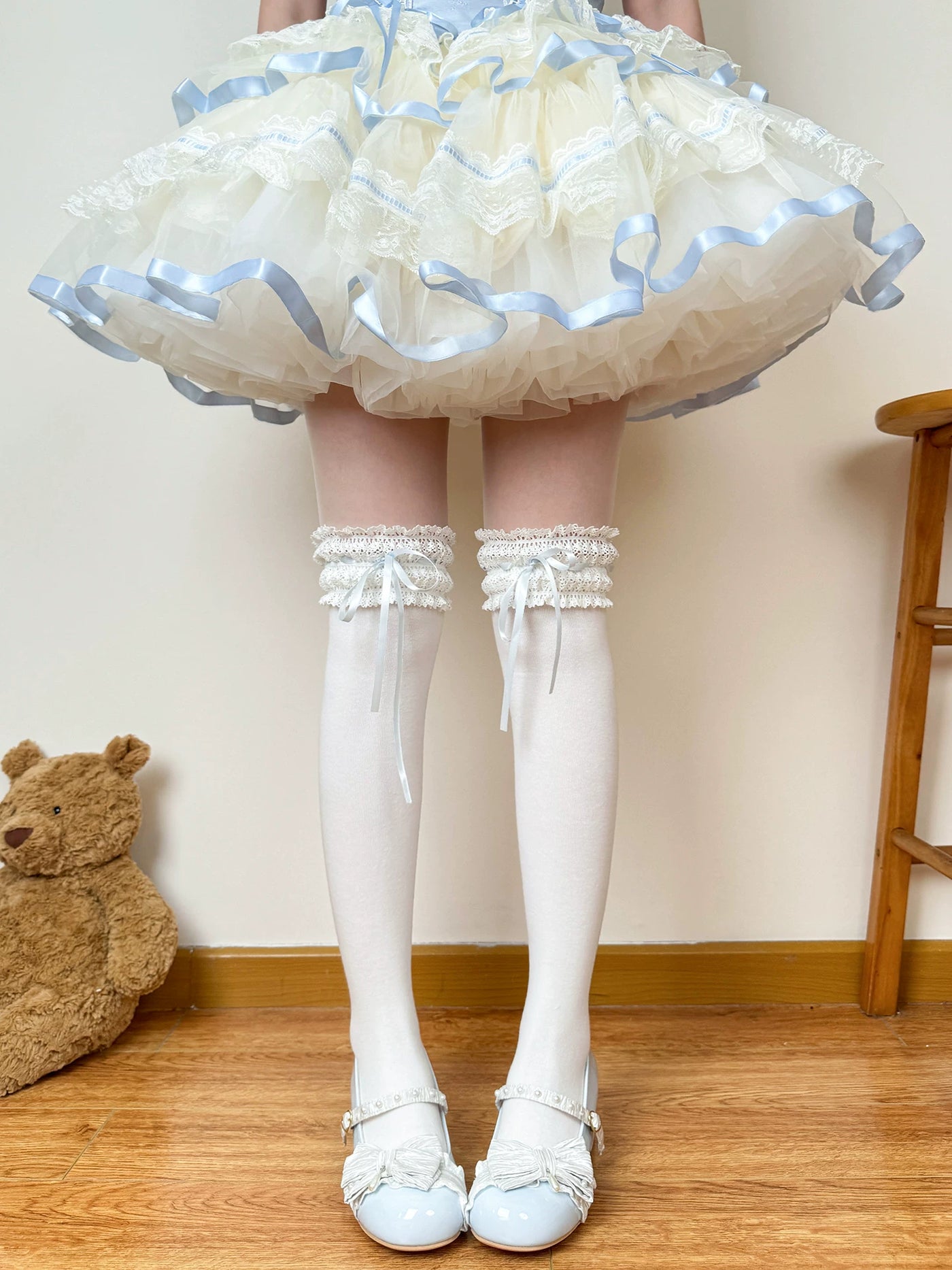 Chubby Bear Tales - Cream Ballet - Lace-Trimmed Socks with Ribbon Ties