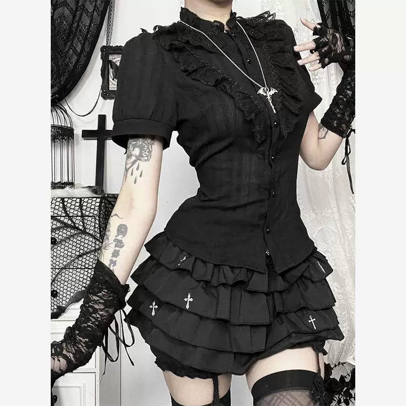 Sweetheart Dream Machine - Gothic Subculture - Lace-Ruffle Short-Sleeve Blouse