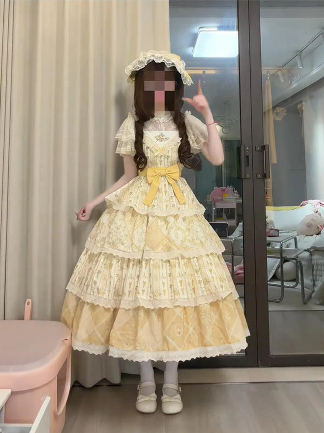 Creamy - Country Embroidery - Yellow JSK dress with a tiered printed skirt