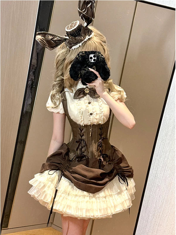 Creamy brown bunny Gothic JSK set with inner top, bow tie and bunny-ear hat.