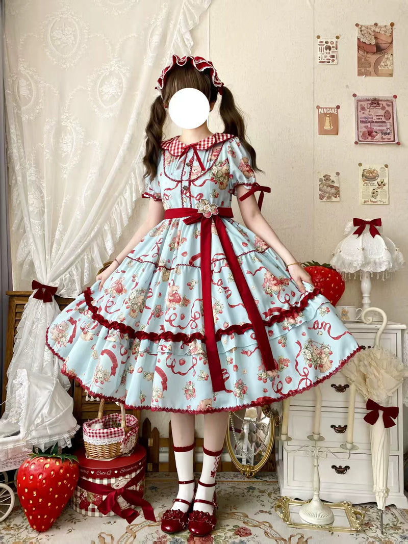 Thousand Wood - Little Bear's Strawberry Garden - Printed OP Dress with Gingham Collar