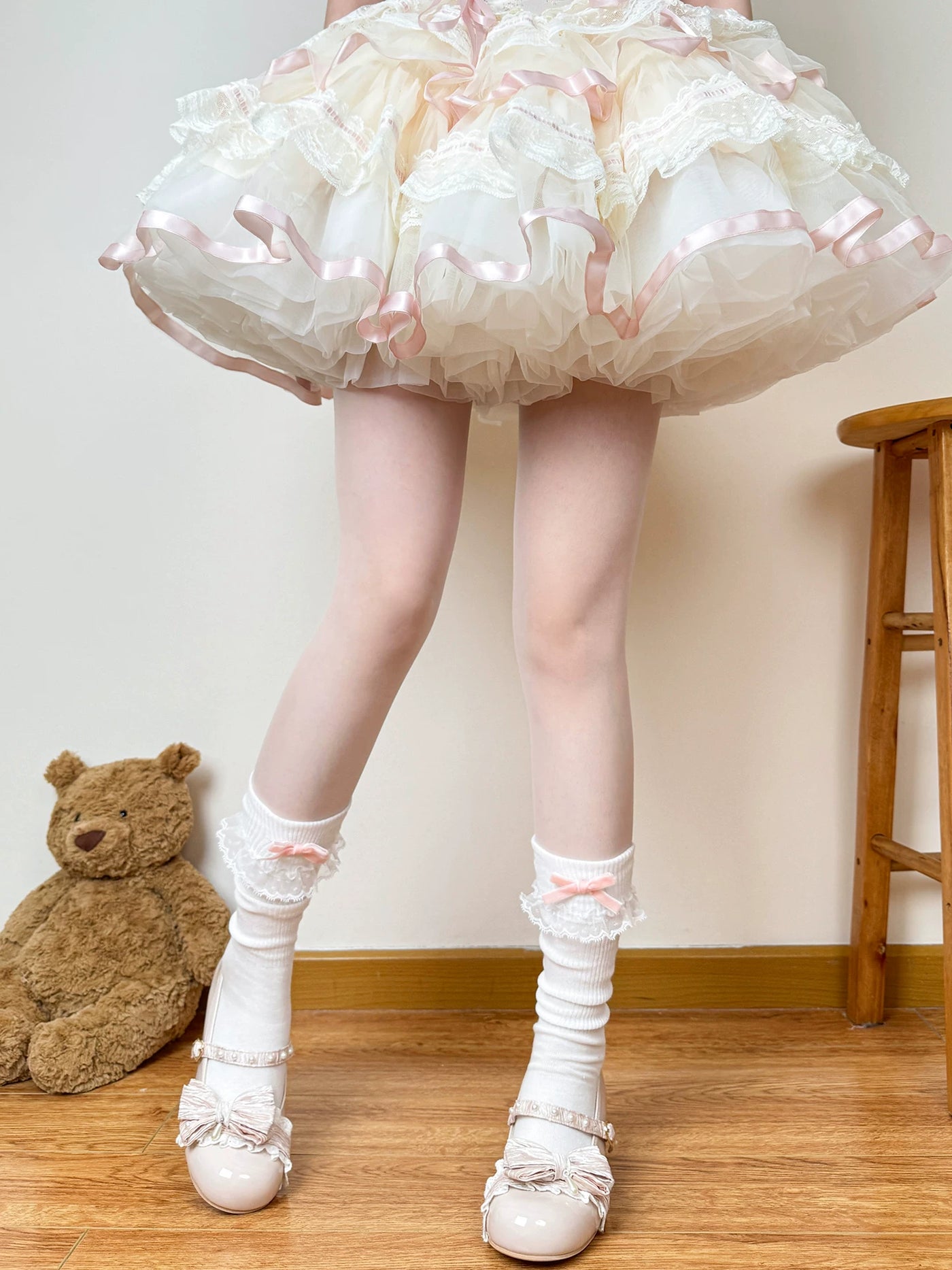 Chubby Bear Tales - Cream Ballet - Mid-Calf Slouch Socks with Lace Ruffle Cuffs and Bow Trim