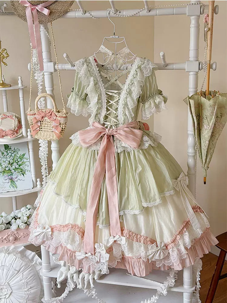 Creamy - Green-Pink Floral - Short-Sleeve Lolita Dress Set with Lace Trim