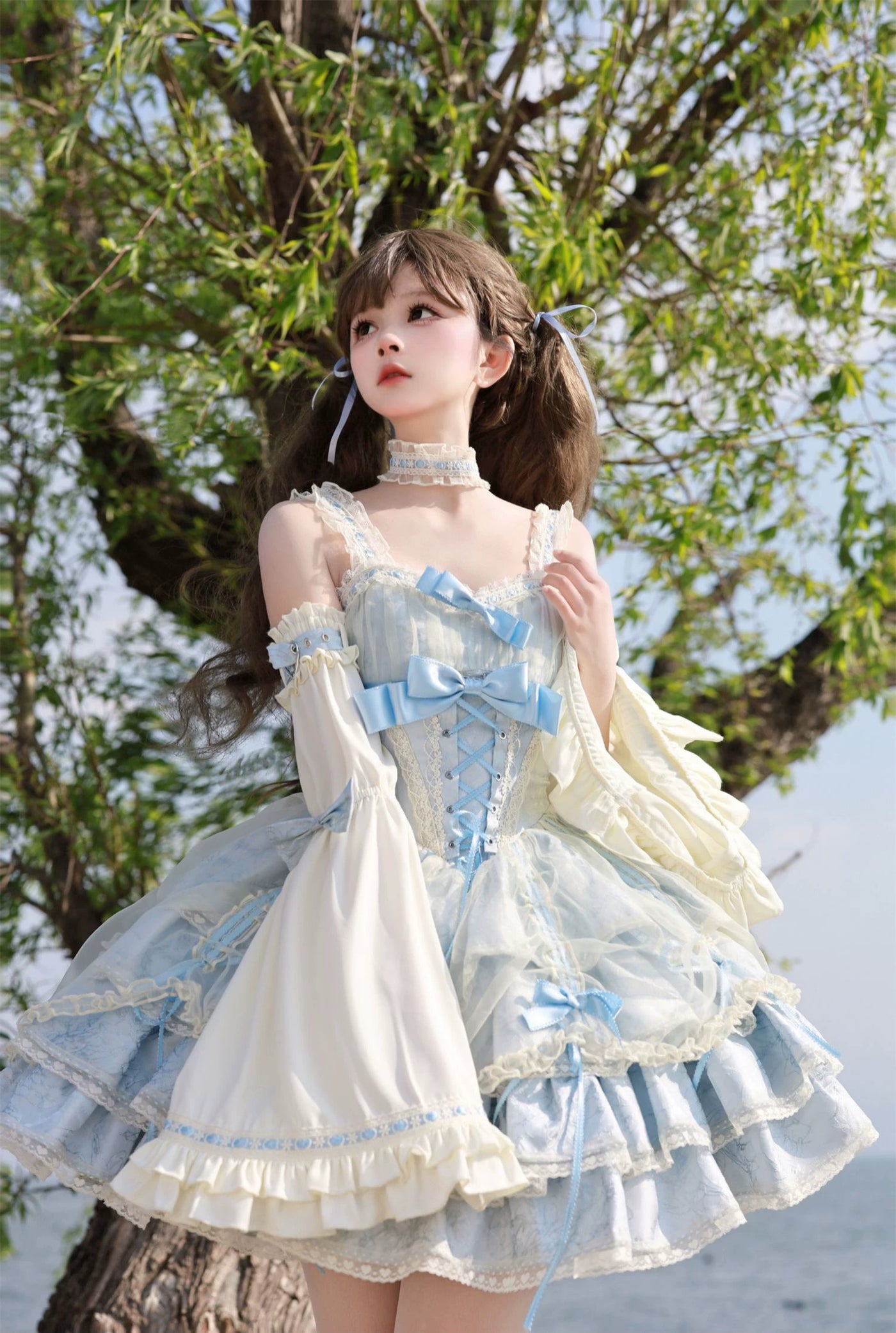 Creamy - Apricot Blue - Apricot-blue JSK dress with lace-trimmed sleeves