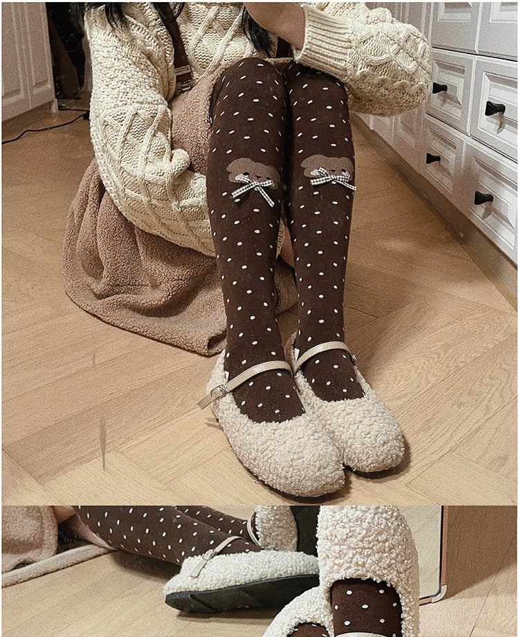 roji roji - Bear Polka Dot - Bear-Motif Over-the-Knee Socks