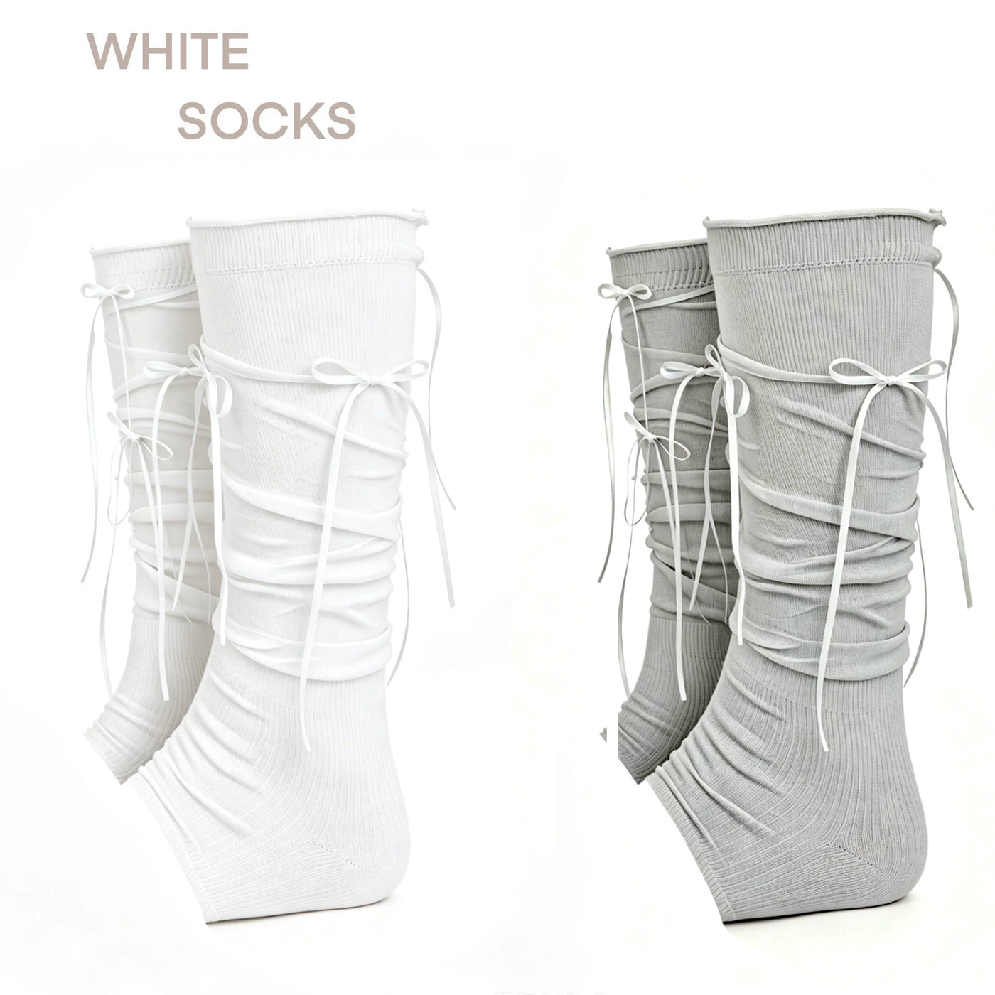 White Socks - Ribbon Ruched - Calf Socks with Ribbon Ties