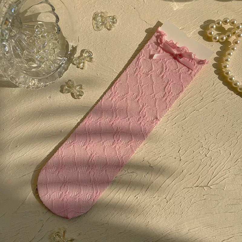 Sock Noble - Candy Lace Bow - Lace-Trimmed Slouch Socks with Ribbon Bows