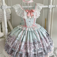Xiao Xin - Old Lane Floral Affair - JSK with an illustrated café-street border - Mint Green / S