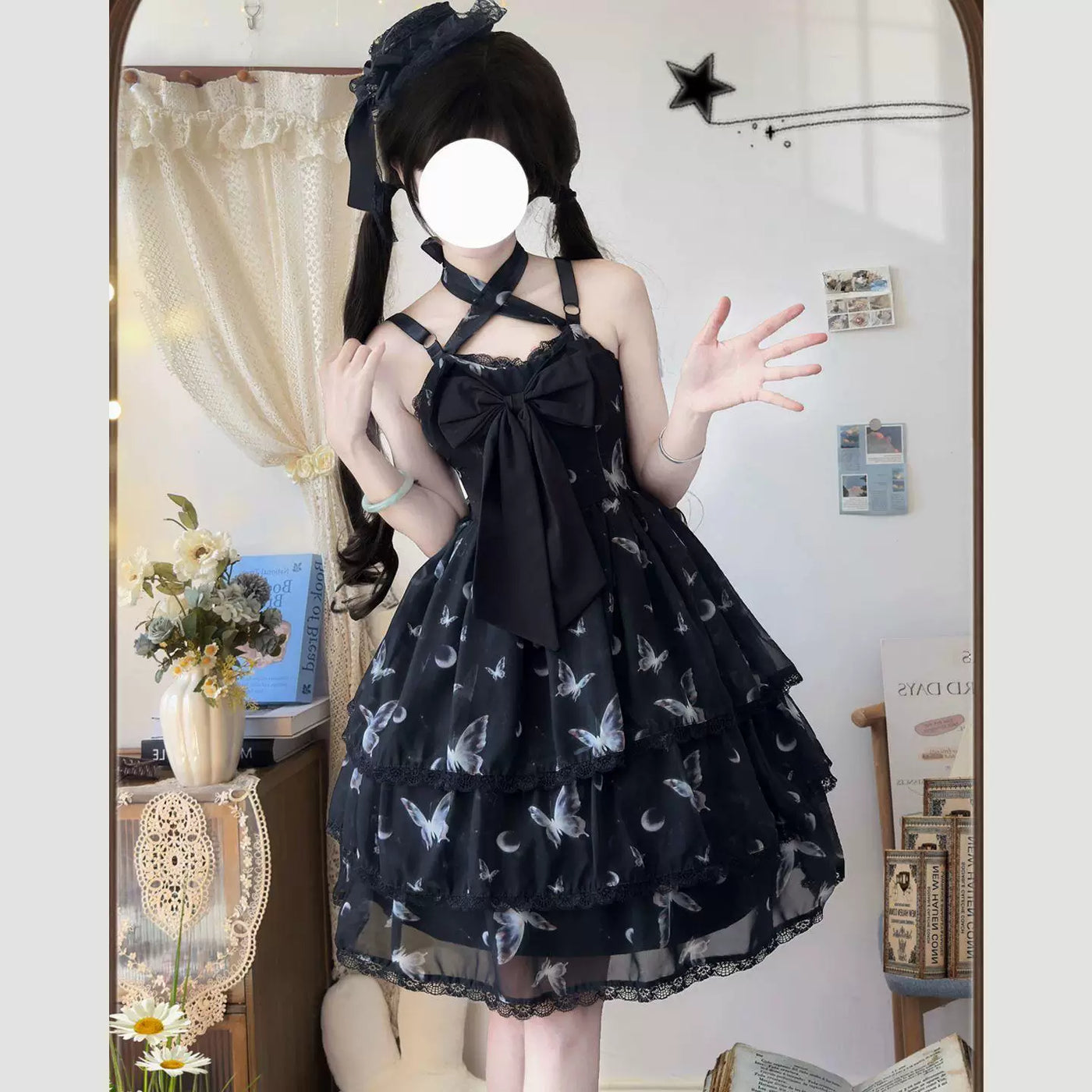 Sweetheart Dream Machine - Moonlit Butterfly - Black JSK dress with an oversized bow and butterfly print