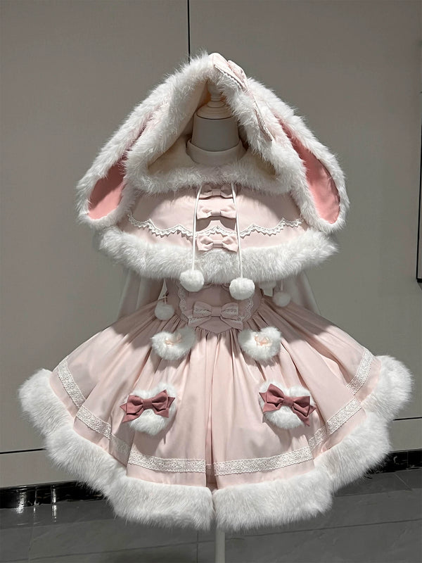 Pale pink rabbit-themed OP dress and plush bunny-ear cape shown on a model.