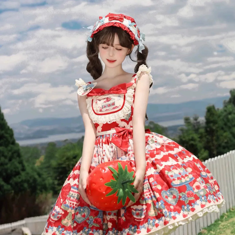 Rose Whisper - Strawberry Tarta - Strawberry Print OP Dress with Pale Blue Ruffles