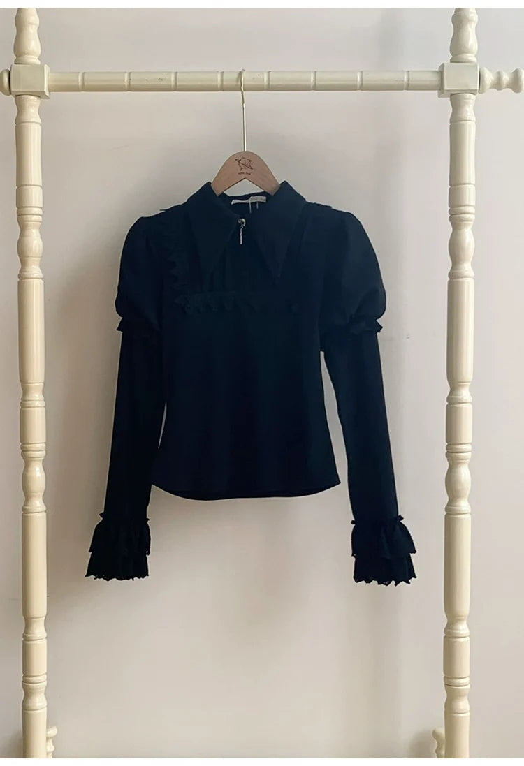 With PUJI - The Vow - Solid Lolita Sweater, Juliet Sleeve, Pointed Collar Black S