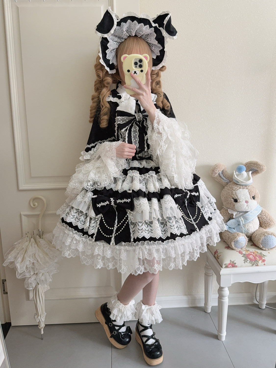 Hanguliang - Cross Heart Knot - Sweet Lolita JSK Suit Tiered Ruffles Dress, Lace Blouse