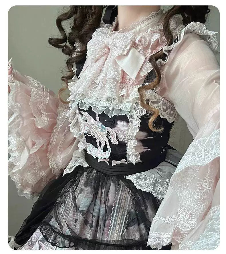 Sweetheart Dream Machine - Pegasus Paradise - Long-Sleeve Blouse with a Lace-Trimmed Bow Bib