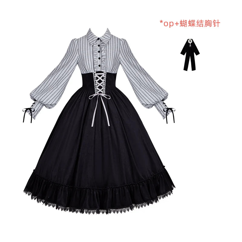 With PUJI - Dusk Moment - Classic Lolita Striped OP & Mermaid Dress Set, Fishbone Waist detail view 7