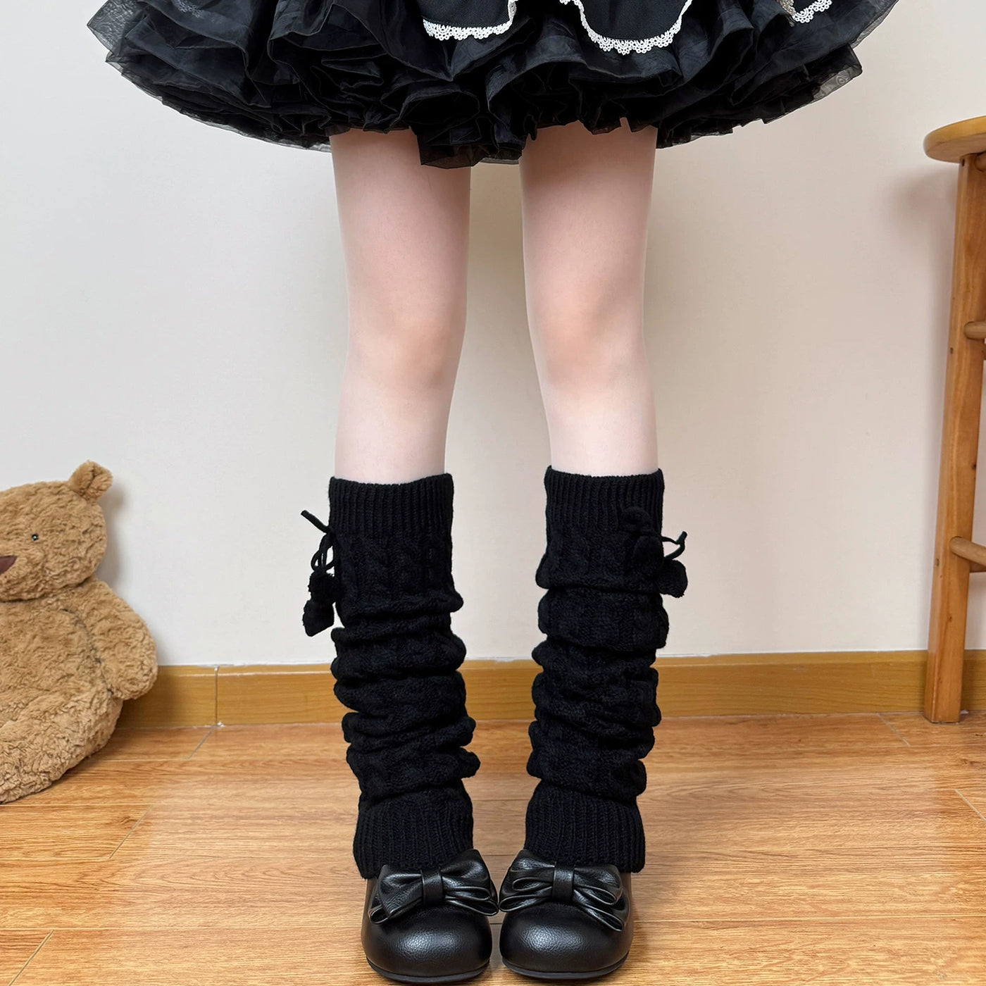 Chubby Bear Tales - Pom-Pom Cable Knit - Cable-Knit Sock Leg Warmers with Pom-Pom Ties