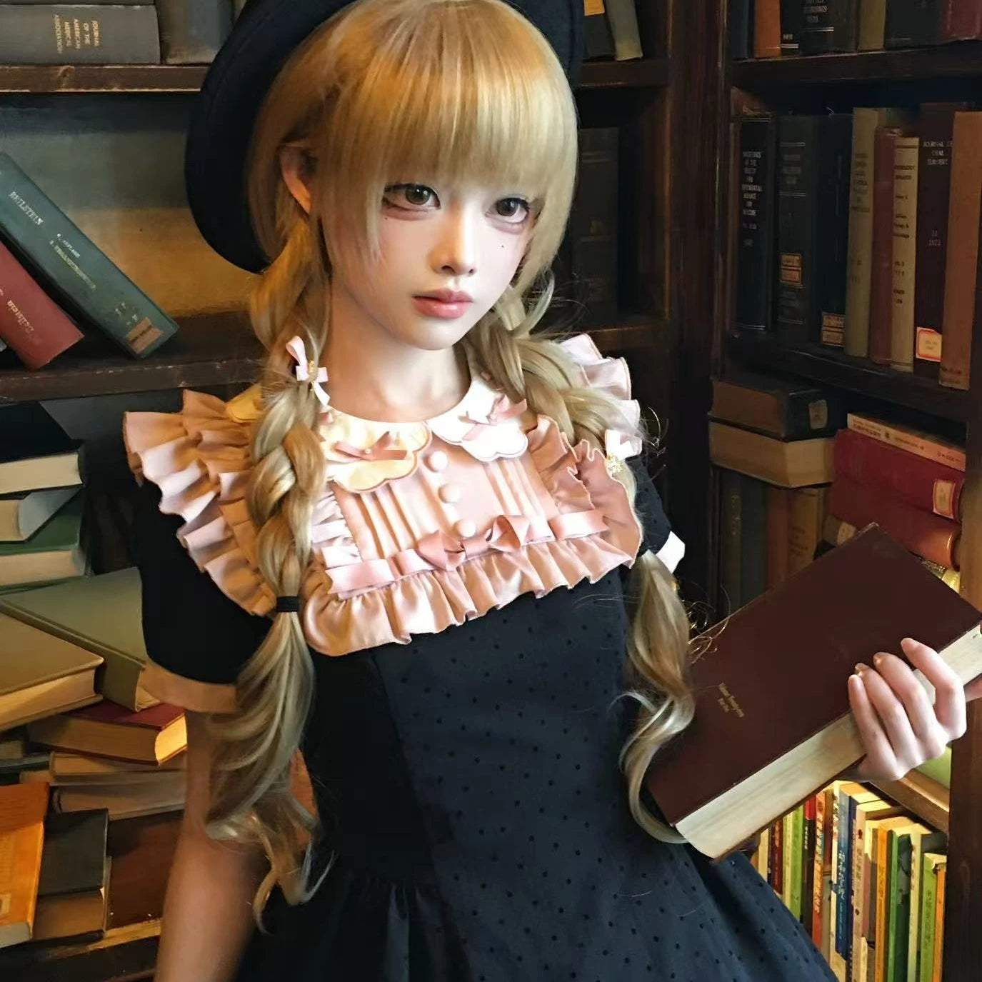 Love Period Diary Sweet Lolita polka dot OP dress with scalloped contrast collar, pink ruffled trim and bow embellishments