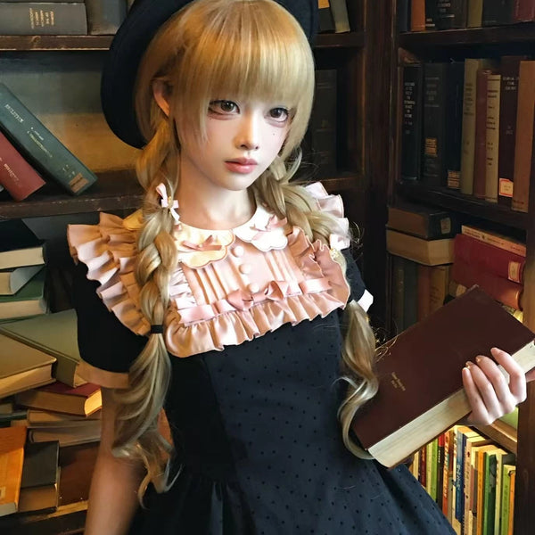 Love Period Diary Sweet Lolita polka dot OP dress with scalloped contrast collar, pink ruffled trim and bow embellishments